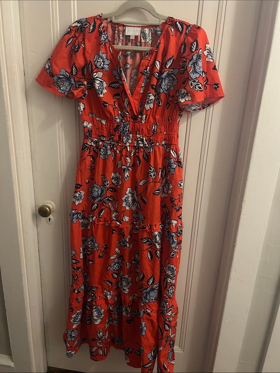 Sugarlips Dresses & Skirts - Sugar Lips Floral Midi Dress Orange Blue Smocked Waist Flutter Sleeve